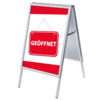 Kundenstopper im DIN A1 Format mit rotem "GEÖFFNET"-Schild und beidseitiger Werbung.