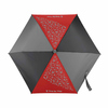 Rot-grauer Regenschirm mit weißen Motiven, die bei Regen ihre Farbe ändern.