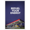 Weißer Bilderwechselrahmen im DIN A0-Format mit einem Motiv einer Tankstelle und Text.