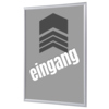 Grauer Bildwechselrahmen DIN A1 mit der Aufschrift "eingang" und einem symbolischen Gebäude-Icon.
