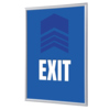Bilderwechselrahmen DIN A1 in Blau mit „EXIT“-Aufdruck und auf Gehrung geschnittenen Ecken.