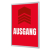 Klapprahmen für einen rot hinterlegten Hinweis "AUSGANG" mit auf Gehrung geschnittenen Ecken.