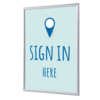 Bilderwechselrahmen für DIN A4 mit der Aufschrift "SIGN IN HERE" in Blau auf hellem Hintergrund.