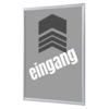 Grauer Bilderwechselrahmen DIN A4 mit der Aufschrift "eingang" und geometrischem Symbol.