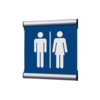 Türschild mit blauer Hintergrundfarbe und Piktogrammen für Männer und Frauen.