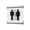 Weißes Türschild mit Piktogrammen von Mann und Frau, montiert in einem silbernen Rahmen.