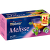 Packung mit 25 Beuteln Meßmer Melisse Tee, abgebildet mit Teeglas und Kräutern im Hintergrund.