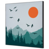 Dekobild mit Sonne und Vögeln, mehrfarbig auf einem Spannstoff-Rahmen.