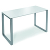Rechteckiger Stehtisch in alusilber mit weißer Platte und modernen metallenen Beinen.