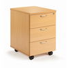 Rollcontainer mit drei Schubladen aus Buche, ausgestattet mit Rollen und zentralem Schloss.