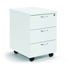 Weißer Rollcontainer mit drei Schubladen und Rollen, zentral verschließbar.