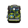 Schulranzen mit Rennwagen-Motiv, reflektierenden Flächen und verschiedenen Fächern.