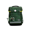 Schulranzen in grün mit Dinosaurier-Motiv und reflektierenden Flächen.