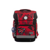 Rot-schwarzer Schulranzen mit Ninja-Motiv, verschiedenen Fächern und einem Schlüsselanhänger.