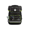 Schulranzen mit Raubkatzenmotiv und reflektierenden Flächen in Schwarz und Grün.