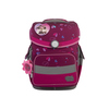 Schulranzen in lila-rosafarbener Farbe mit Häschenmotiv und dekorativem Blumenanhänger.