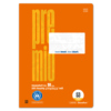 Oranges Vokabelheft Premio mit 32 Blatt, DIN A5, Recyclingpapier, auf der Vorderseite beschriftet.