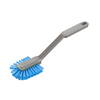 Graue Spülbürste mit blauen Borsten und einem praktischen Griff.