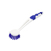 Spülbürste mit weißem Griff und blauen Borsten, für die Reinigung geeignet.