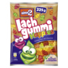 Tüte mit nimm2 Lachgummi Happies in bunten Farben und fröhlichen Fruchtgummi-Figuren.