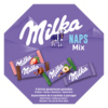 Achteckige Packung mit Milka Naps Mix Schokolade in vier Sorten und abgebildeter Kuh.