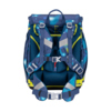 Rückansicht eines blauen Schulranzen mit ergonomischen Tragegurten und reflektierenden Flächen.
