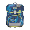 Schulranzen mit Weltraummotiv und LED-Lichtern in blau und gelb.