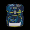 Blauer Schulranzen mit Weltraummotiven, LED-Lichtern und reflektierenden Flächen.