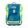 Blauer Schulranzen mit neongrünen Akzenten, Meeresmotiven und einem Sichtverschluss.