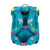 Schulranzen in Aquablau mit bunten Blumenmotiven und verstellbaren Tragegurten von hinten.