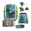 Schulranzen mit buntem Design, inkl. Federmäppchen, Sportbeutel und Aufnähern.