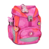 Pinkfarbener Schulranzen mit Dekorationen und Flasche in einer seitlichen Tasche.