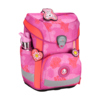 Schulranzen in Rosa mit flächigen Mustern, Trinkflasche und bunten Anhängern, dekorativ gestaltet.