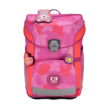 Rosa Schulranzen mit Blumen- und Bärenmotiven sowie reflektierenden Elementen.