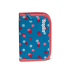 Blaues Federmäppchen mit bunten Punkten und einem roten Reißverschluss.