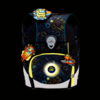 Schulranzen mit buntem Weltraummotiv und LED-Ring zur Sichtbarkeit im Dunkeln.