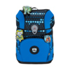 Schulranzen in Blau mit Robotermotiven und retroreflektierenden Flächen.