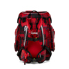 Rückansicht eines ergobag Schulranzens cubo in einem rot-schwarzen Design mit verstellbaren Gurten.