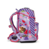 Lila Schulranzen mit buntem Muster und seitlichem Fach, seitliche Ansicht.