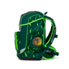 Grüner Schulranzen mit leuchtenden Druckmotiven und Seitentaschen für Zubehör.