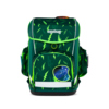 Grüner Schulranzen mit Leuchtfarbe und Blitz-Muster, vorn sichtbar.