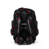 Schulranzen mit Rückenpolster und verstellbaren Gurten in schwarzem Design mit roten Akzenten.