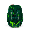 Grüner Schulranzen mit Blitzdesign, Rückenansicht, ergonomischen Trageriemen und Reflexionsdetails.
