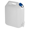 Weißer Wasserkanister mit blauem Deckel und regulierbarem Ablasshahn.