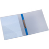Blaues, transluzentes Präsentationsringbuch mit zwei Ringen und Dreieckstasche im Innendeckel.