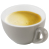 Weiße Kaffeetasse mit einem kleinen Henkel und einem gefüllten Espresso.
