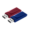 Zwei USB-Sticks in Rot und Blau, mit Kappen-Design und USB 2.0-Anschluss.