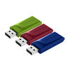 Drei USB-Sticks in Grün, Rot und Blau mit Kappen und USB-Anschlussansicht.