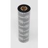 Thermotransferfolie in schwarzer Rolle mit braunem Innenkern, auf grauem Hintergrund.