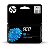 HP Tintenpatrone 937 in Cyan, verpackt in einer schwarzen Box mit Blumendesign.